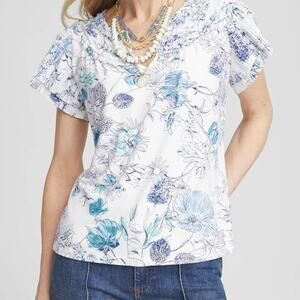 Chico’s Top Woman’s XL Touch of Cool Floral Flutter Sleeve Tee Feminine Romantic